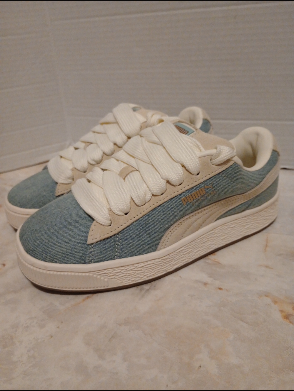 PUMA Suede XL Denim Platform Sneakers in Light Blue/Cream Womens 6/Mens 5 NWOT